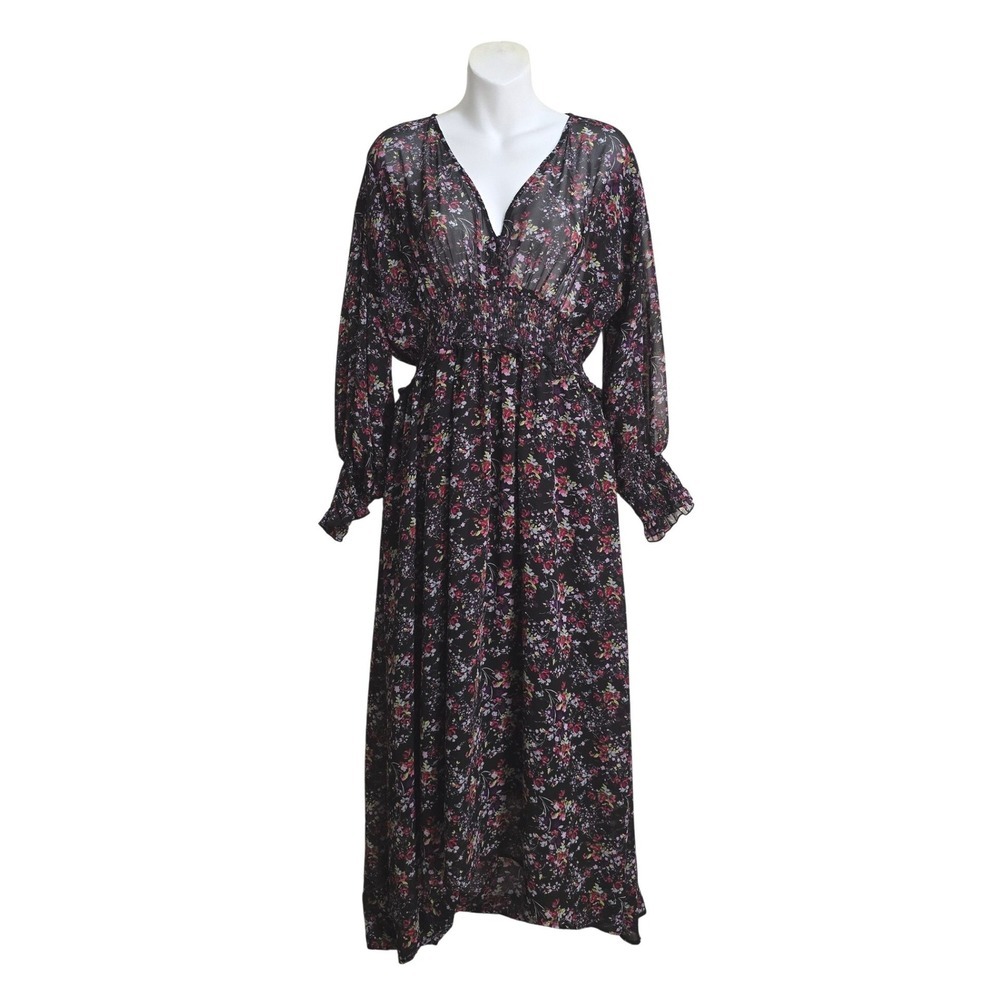 Zara Floral Semi-Sheer V-Neck Smocked Waist Midi Dress Sz L